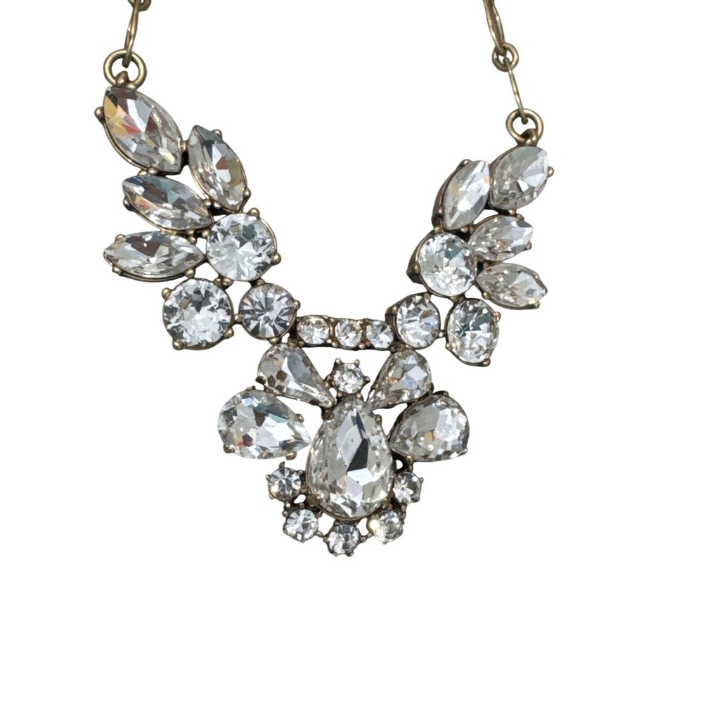 J.Crew antique gold-tone crystal statement bib necklace clear‎ round pear-shaped